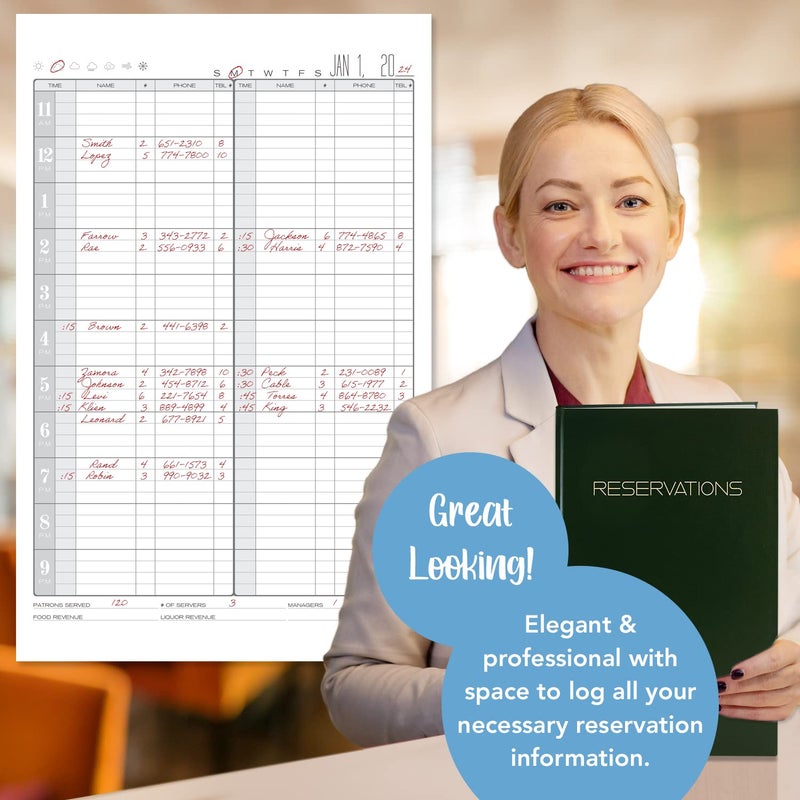 BookFactory Restaurant Reservations Book, 365 Day Table/Dinner Reservations 408 Pages, 8 7/8'' x 13 1/2'' Green Imitation Leather, Section Sewn Hardbound (Made in USA) - Image 4